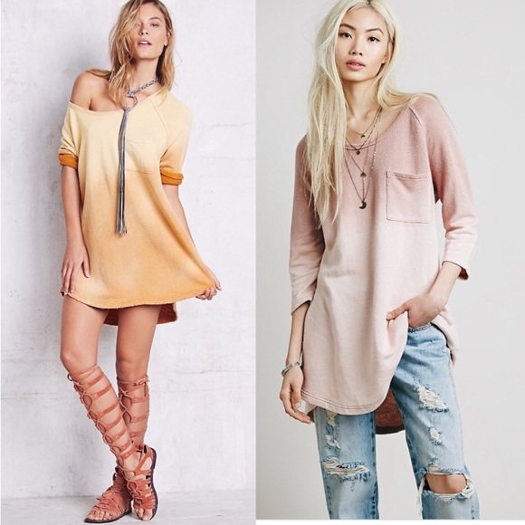 Free People Powder Blue Ombrè Fade Linen Blend Sweatshirt Mini Dress Tunic Top - Picture 2 of 9